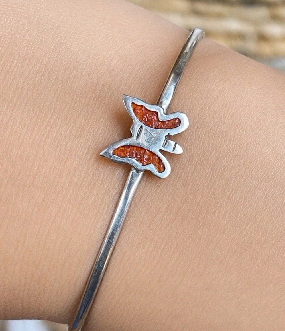 Vintage Taxco Mexico Sterling Silver Coral Butterfly Cuff Bracelet Southwestern